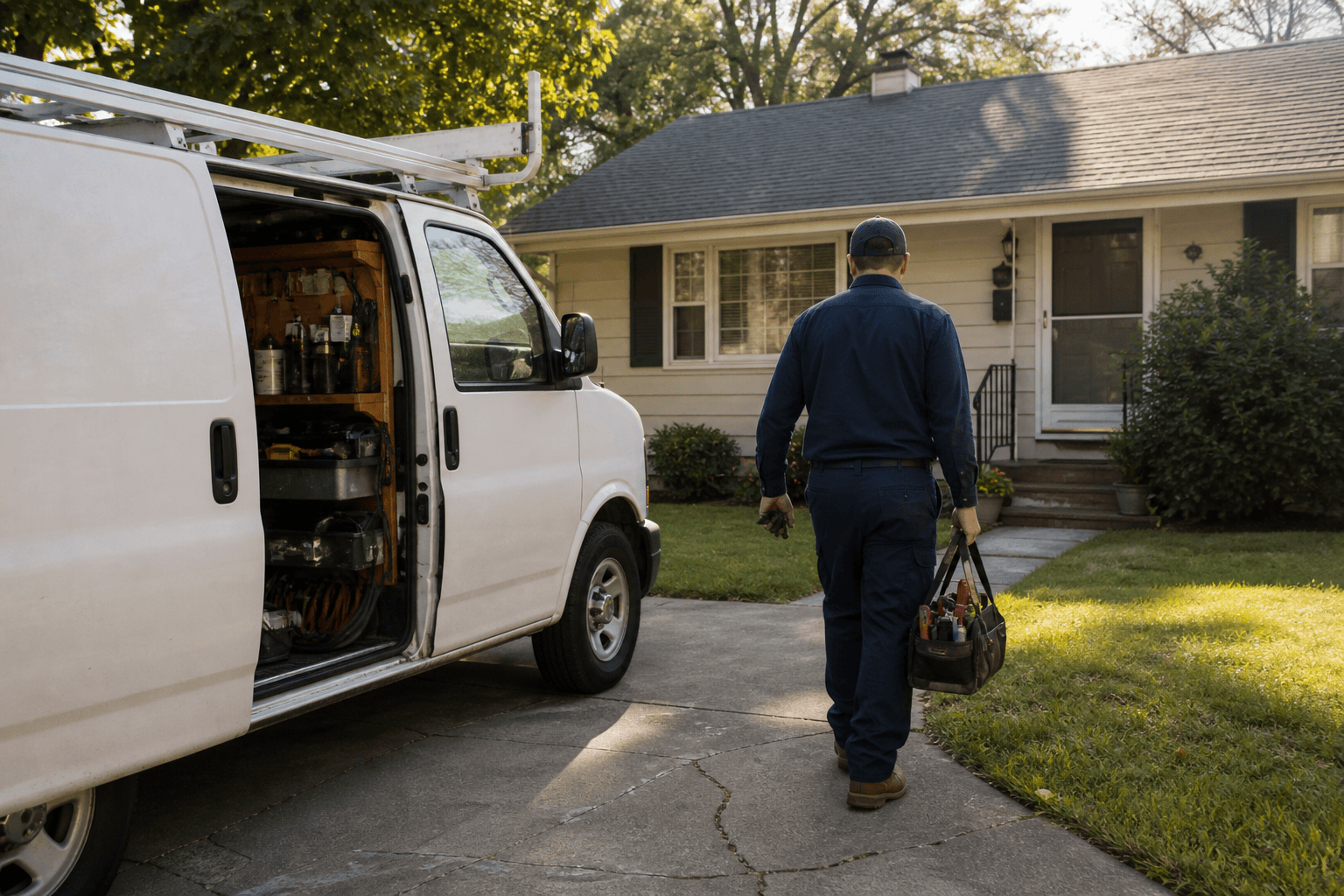 HVAC technician walking from a service van toward a customer’s home